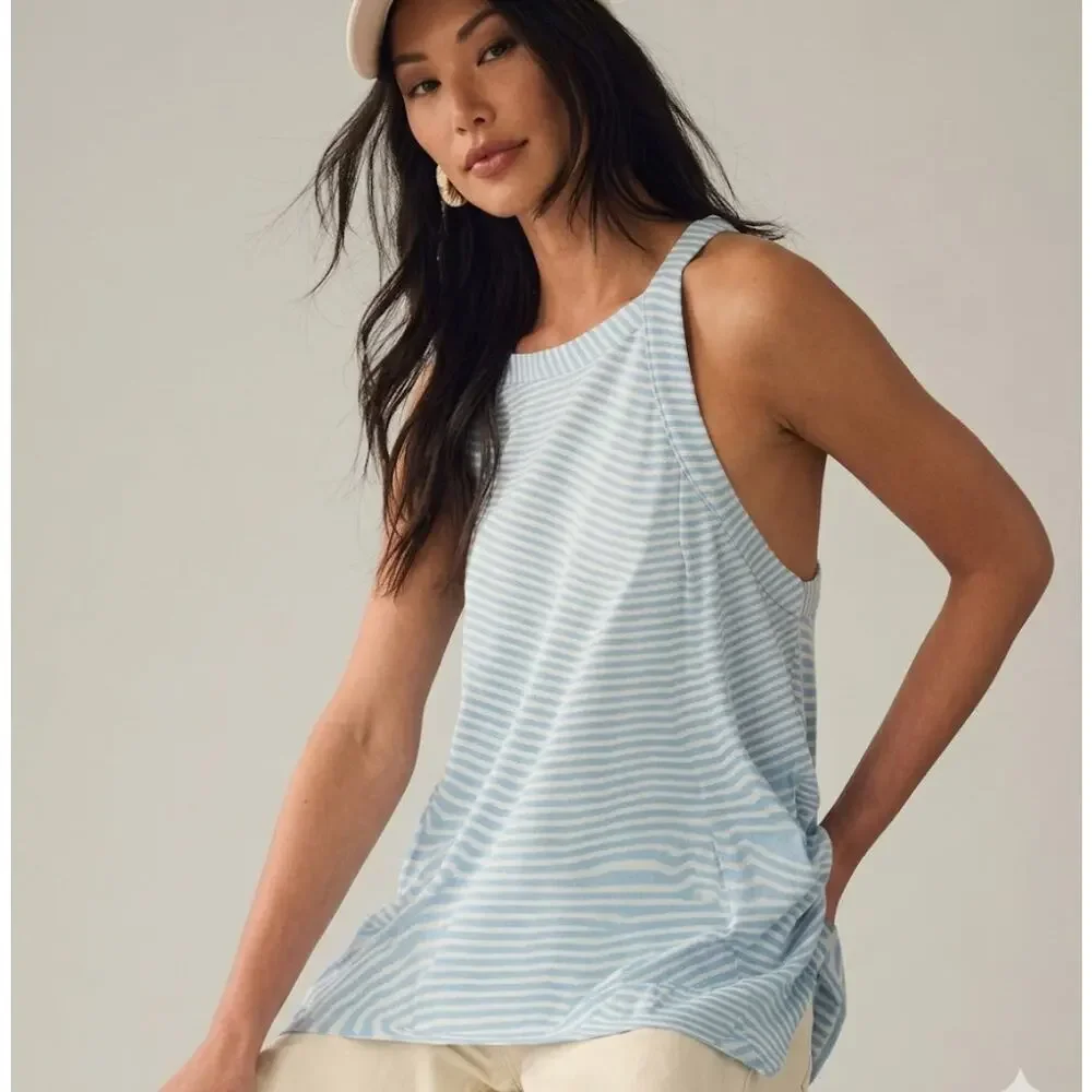 Pilcro Hankey-Hem Swing Tank Womens XL Light Blue Striped Asymmetrical Soft Top